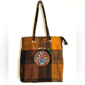 Tote Handbag Aztec Calendar Embroidered Zip Close Handmade